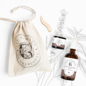 Pochon cadeau rituel homme à la lavande fine et à la verveine citronnée avec baume et lotion des Simples de Charlotte
