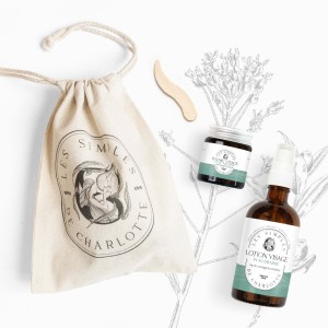 Pochon cadeau rituel peau grasse au myrte sauvage et à la cameline avec baume et lotion des Simples de Charlotte