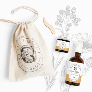 Pochon cadeau rituel peau sensible à l'immortelle de Corse et au calendula avec baume et lotion des Simples de Charlotte