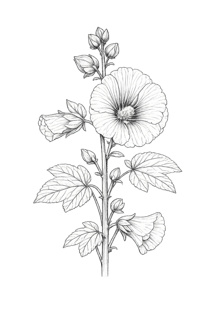 Illustration botanique de rose trémière (Alcea rosea), plante médicinale emblématique de l’Île de Ré.